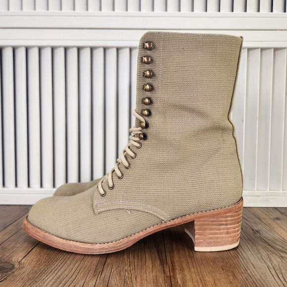 VINTAGE Colin Stuart Womens Size 8 Beige Lace Up Boho Combat Canvas Boots Chile - Picture 3 of 14